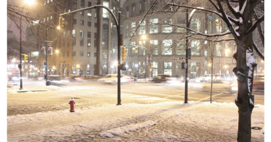 Vancouver Public Library, snowfall, night