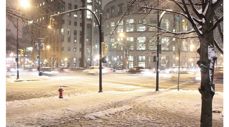 Vancouver Public Library, snowfall, night