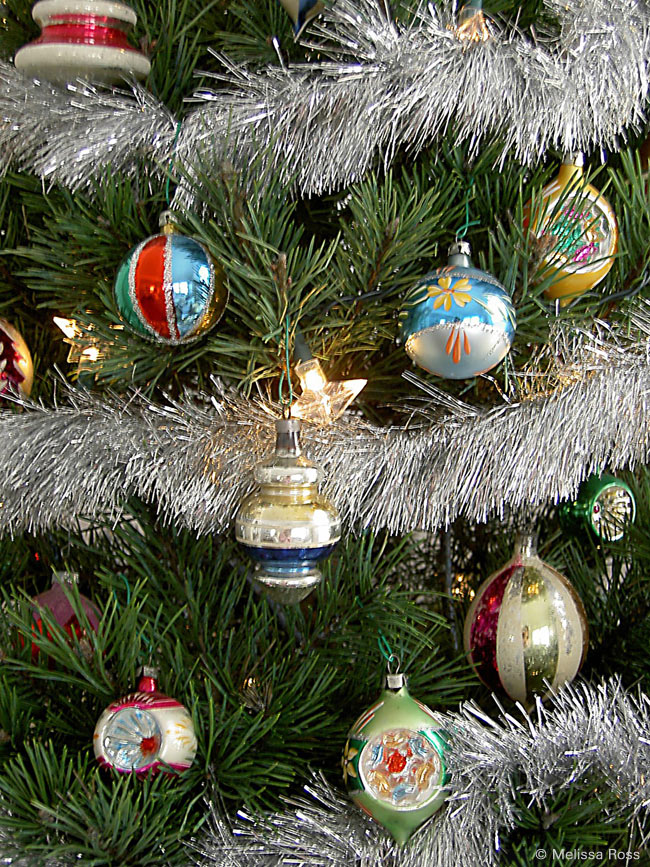 Shiny Brite ornaments and tinsel garland