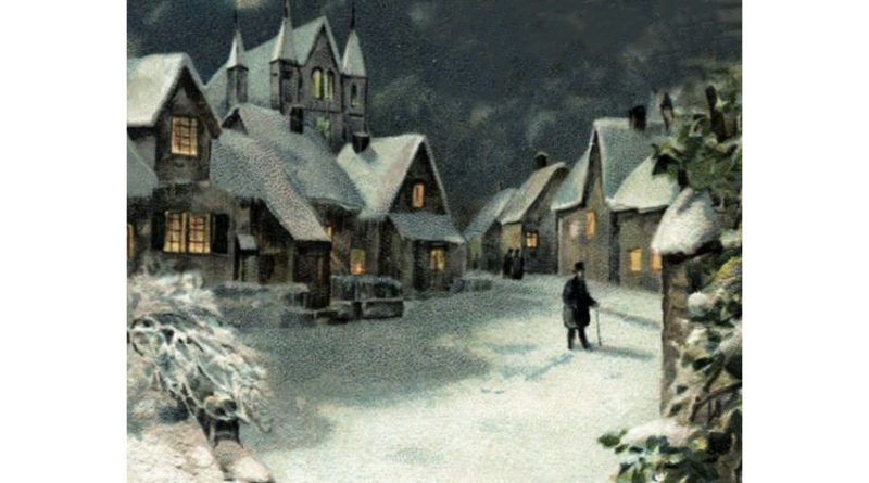 winter village with snow at night