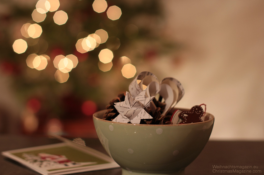 polka dot bowl with pine cones and paper heart