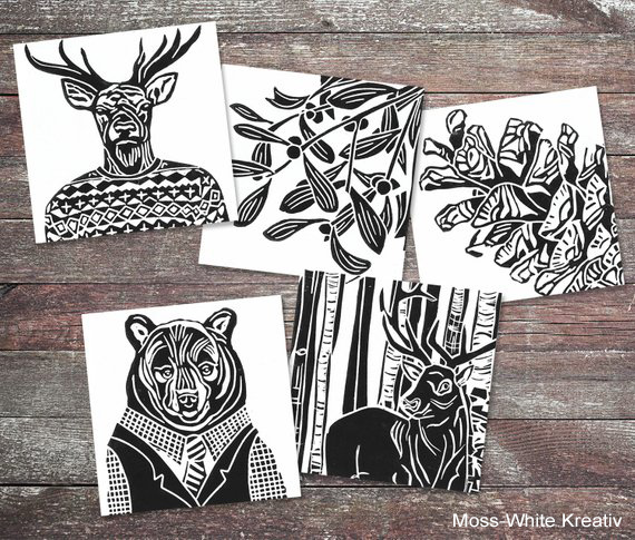hand-printed linocut seasonal cards, Moss-White Kreativ, Christmas cards