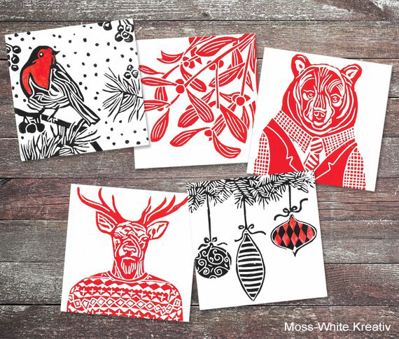 hand-printed linocut seasonal cards, Moss-White Kreativ, Christmas cards