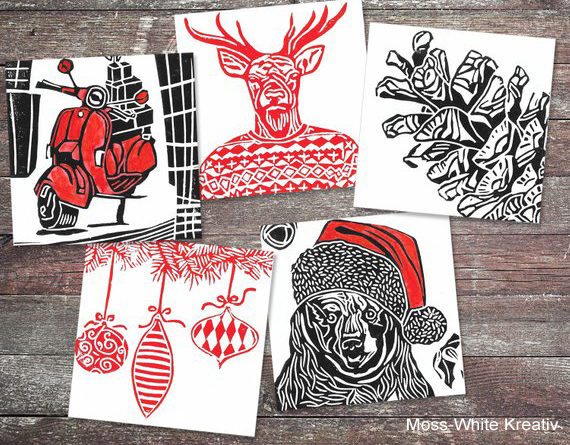 hand-printed linocut seasonal cards, Moss-White Kreativ, Christmas cards