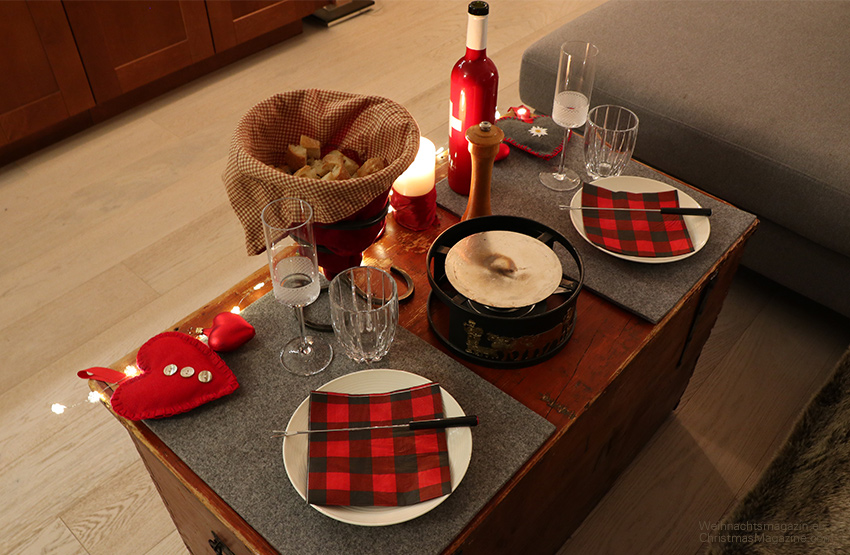 cheese fondue, New Year,s Eve, romantic, table setting