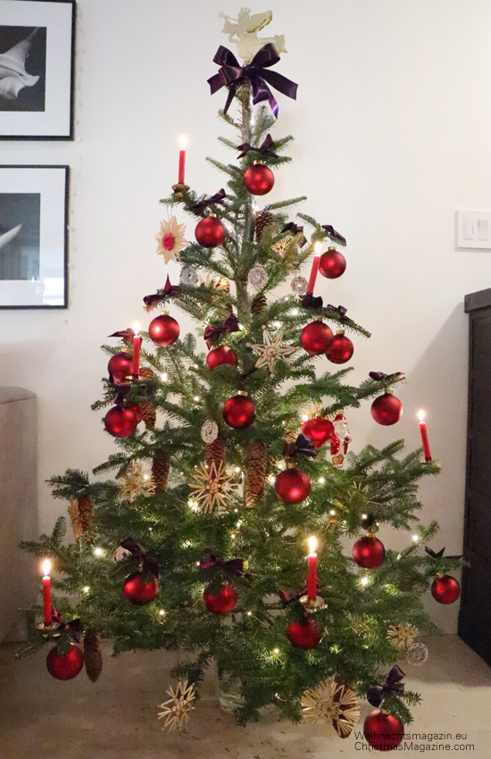 decorated Christmas tree, red and purple, real candles