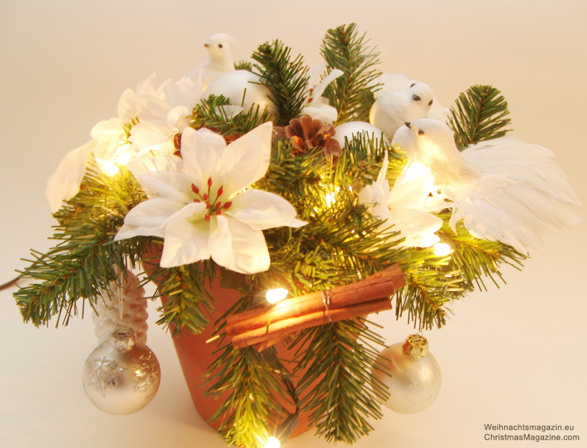 Christmas arrangement, white doves, fairy lights