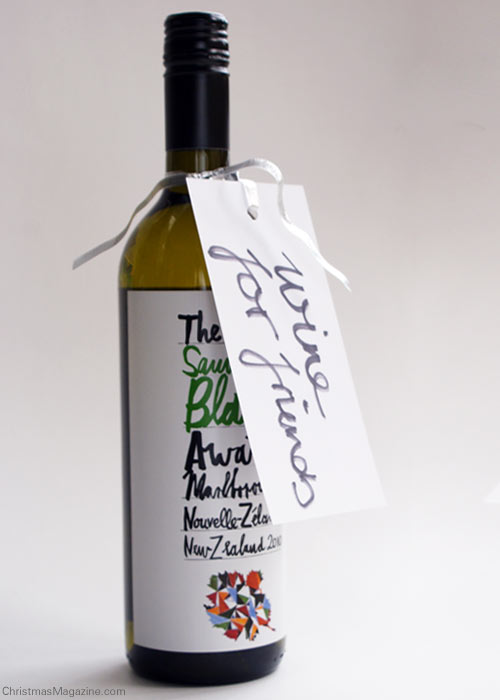 wine bottle departed with hand written tag