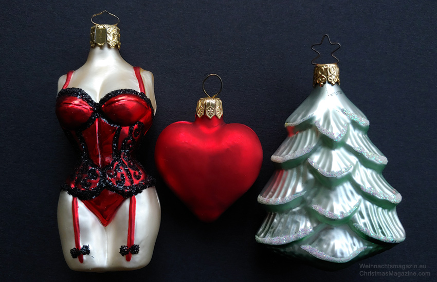 German Christmas ornaments, female torso, corset, glass heart, fir tree