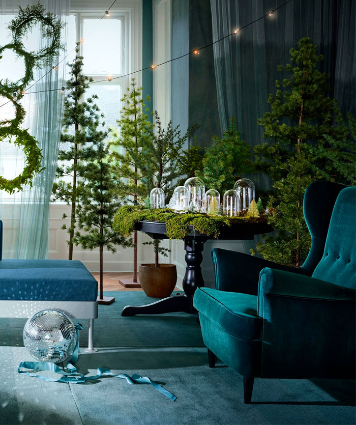 greenery, enchanted Christmas forest, armchair, living room