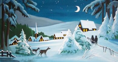 winter scene, Ray Lang, artist, painter, vintage Christmas card