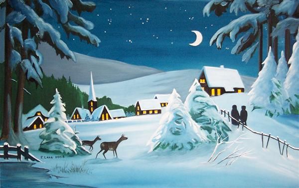 winter scene, Ray Lang, artist, painter, vintage Christmas card