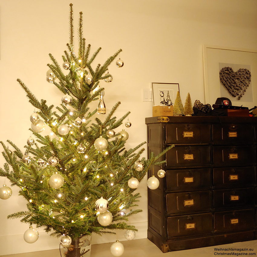 decorated Christmas tree, white ornaments