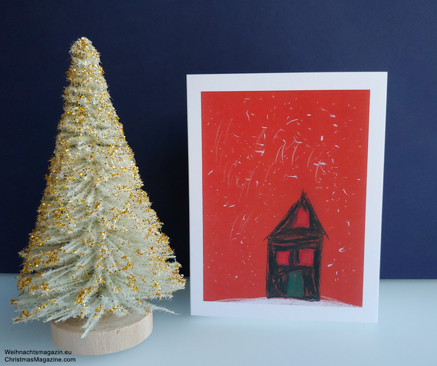 Christmas card, drawing, house in the snow