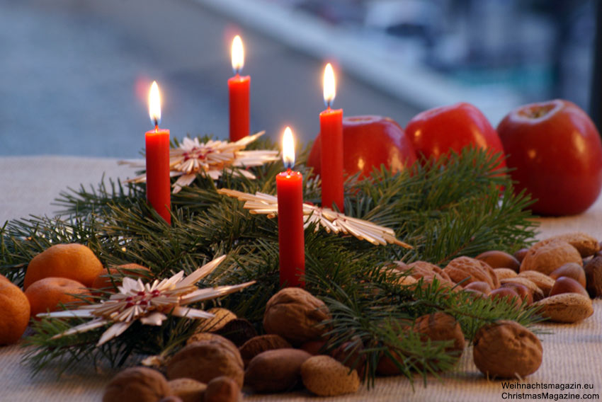 rustic Christmas table decor, candles, apples, nuts, mandarins