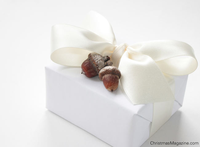 white present, white bow, acorns