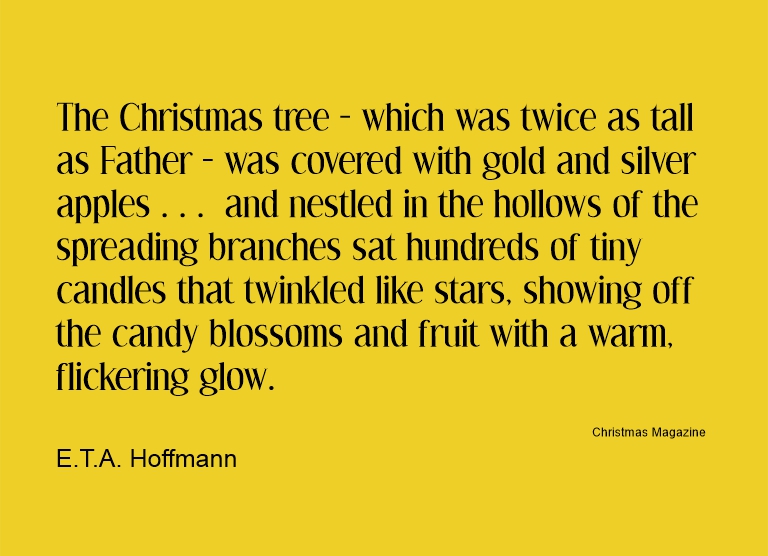 The Christmas tree – which was twice as tall as Father – was covered with gold and silver apples… and nestled in the hollows of the spreading branches sat hundreds of tiny candles that twinkled like stars, showing off the candy blossoms and fruit with a warm, flickering glow.