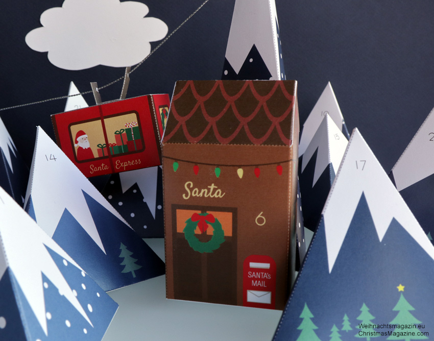 mountain range Advent calendar with gondola, and Santa's house