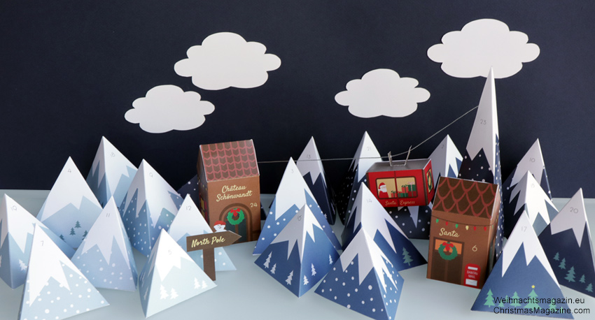 mountain range Advent calendar with gondola, personalised tudor style house