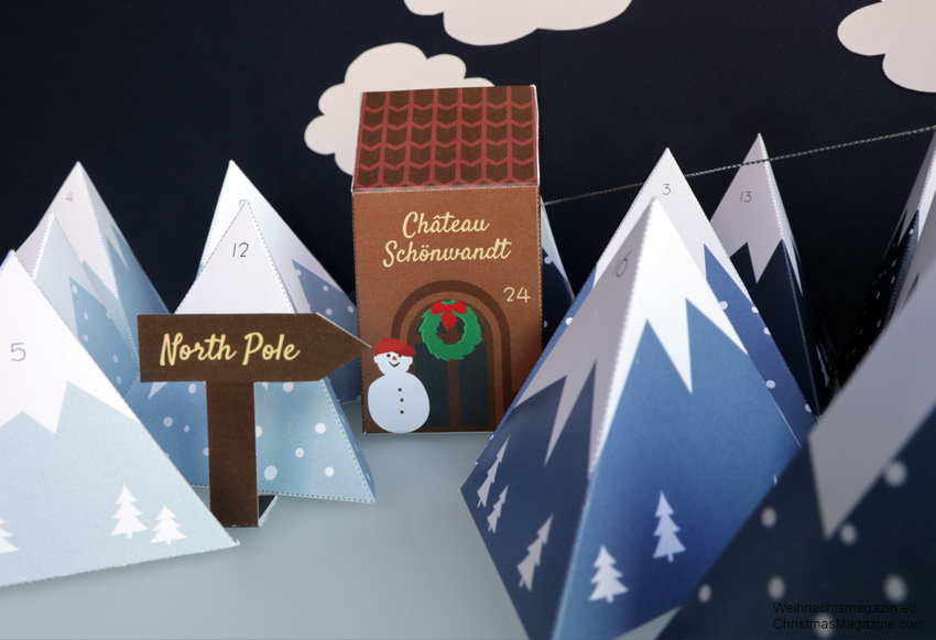 mountain range Advent calendar with gondola, personalised tudor style house
