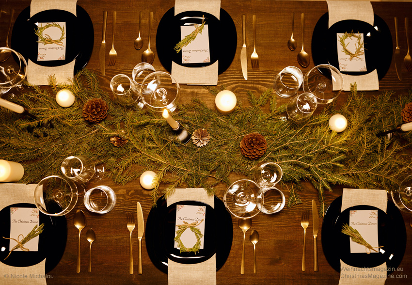 forest inspired Christmas table setting, evergreen twigs and pinecones