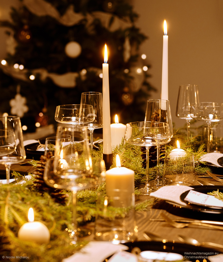 forest inspired Christmas table setting, evergreen twigs and pinecones