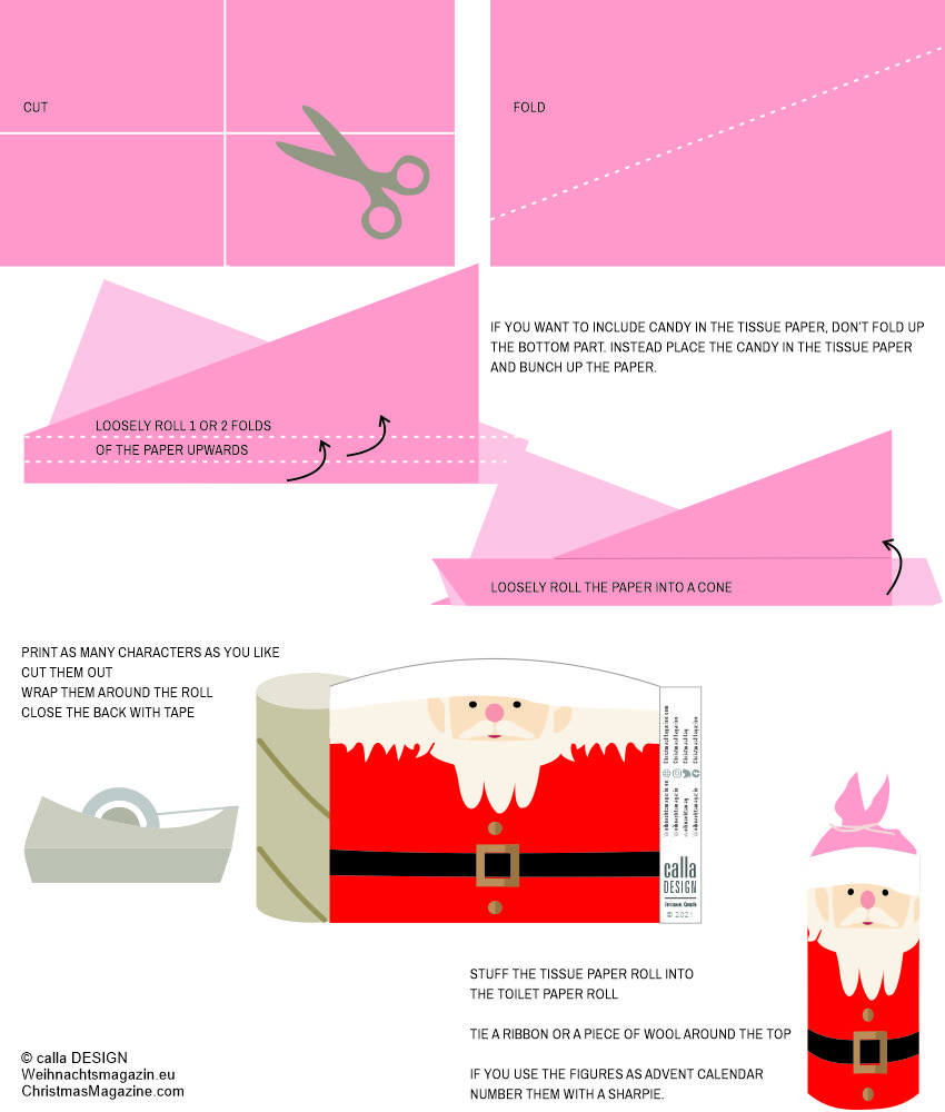 Santa Claus toilet paper roll characters, PDF, do it yourself, children, instructions
