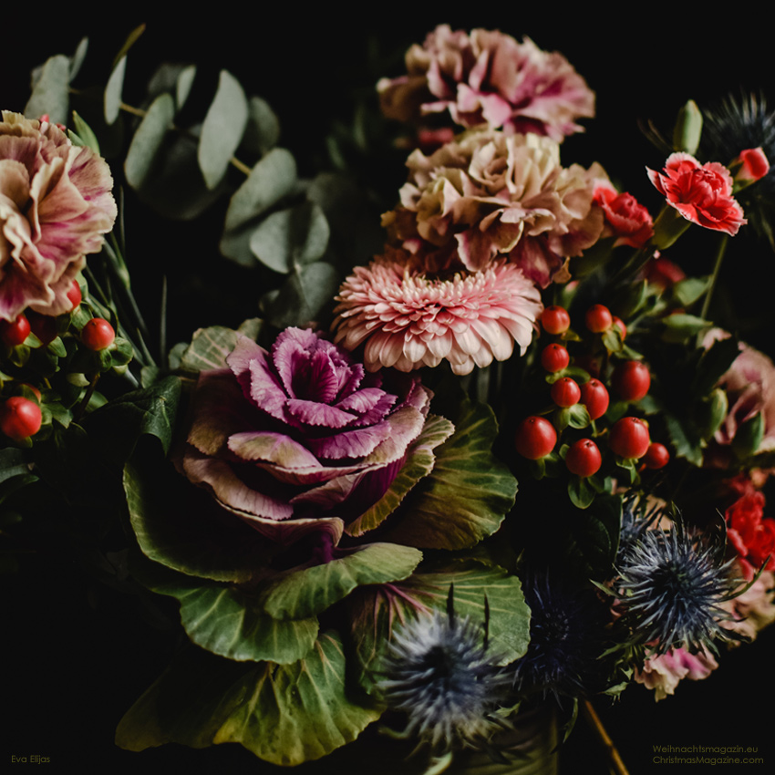 arrangement with a mix of dark flowers, Christmas bouquet