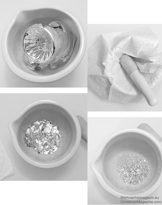 creating a glitter ornament, mortar and pestle, glue, brush, Christmas bauble