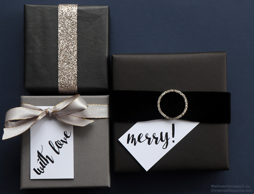 black and white, gift wrapping, gift tags, grey, monochrome, Christmas, glamour