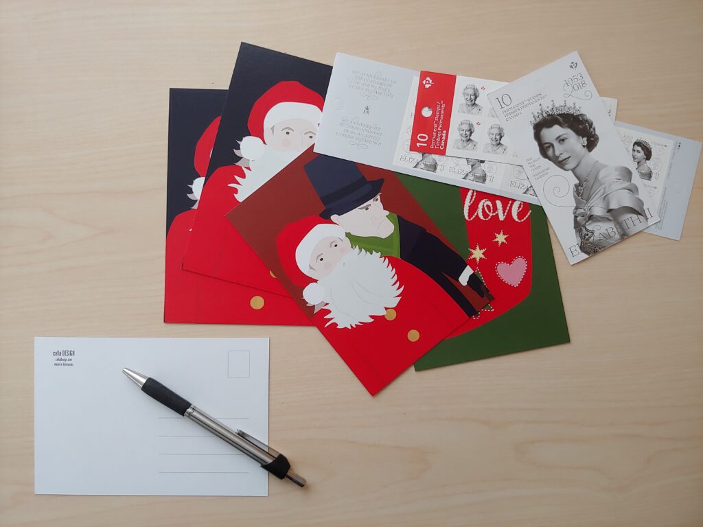 Christmas postcard and Canadian stamps