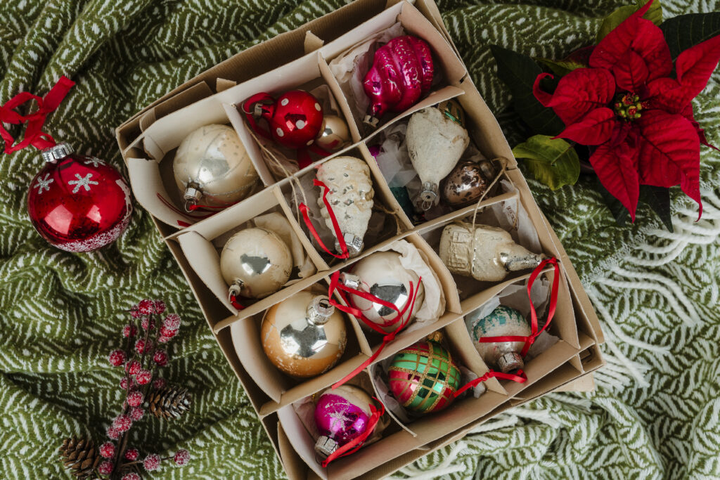 Christmas tree ornaments in box