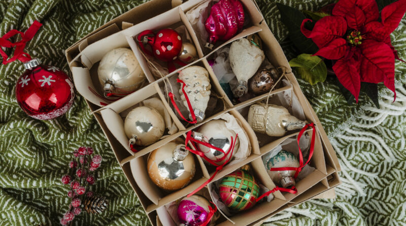 Christmas tree ornaments in box